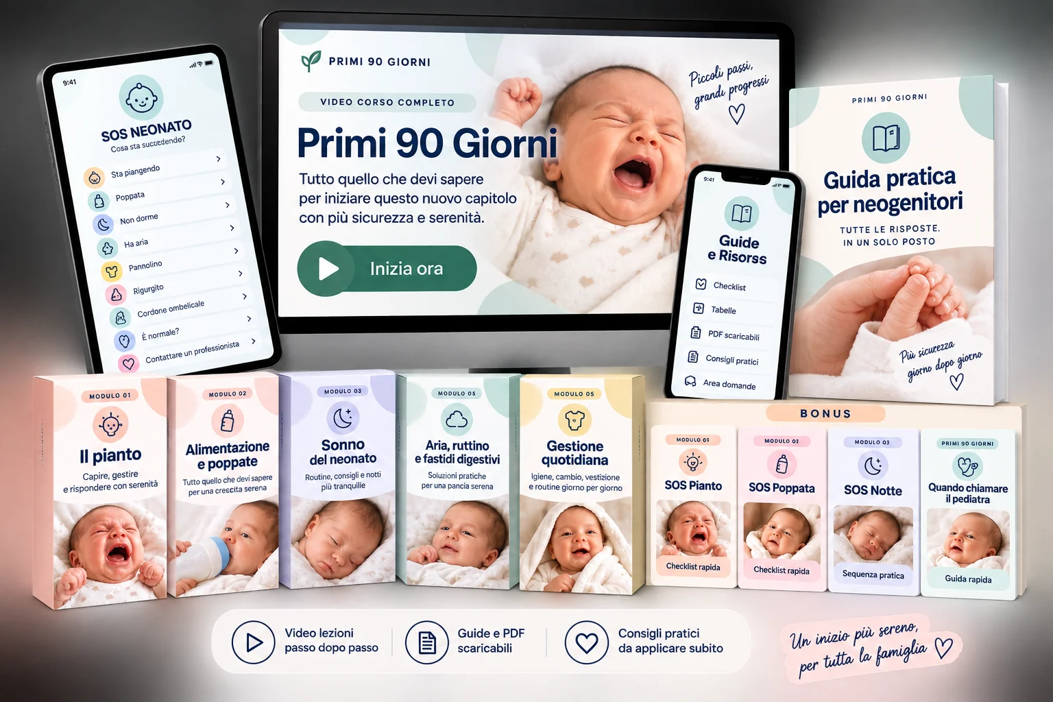 Mockup del percorso Primi 90 Giorni con guide e strumenti inclusi