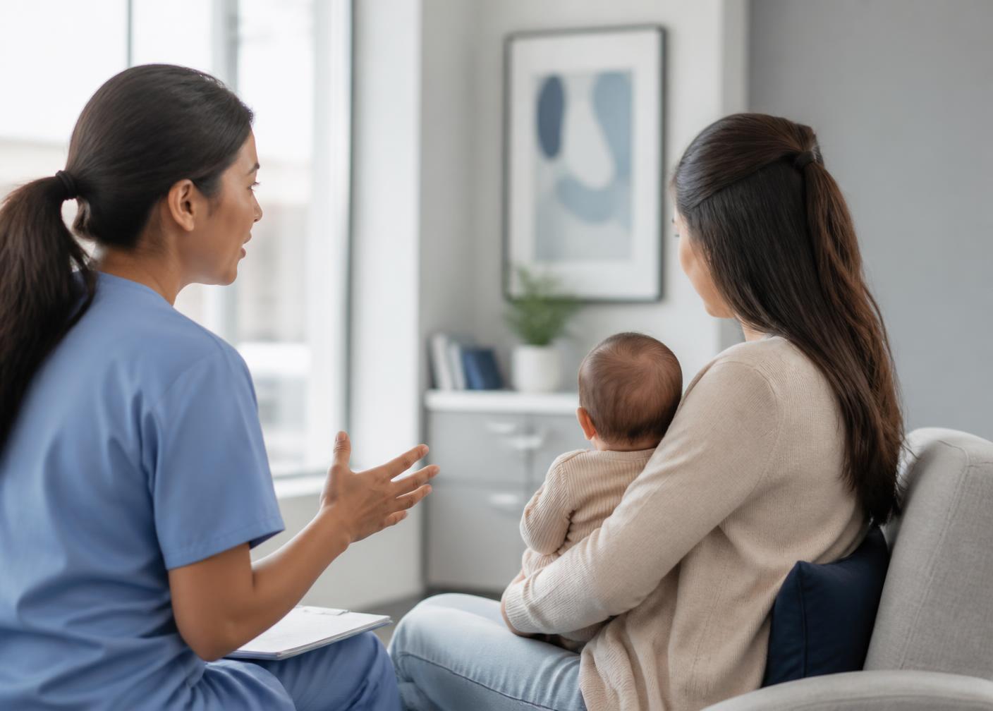 Una professionista sanitaria in dialogo con una mamma che tiene in braccio il suo bambino